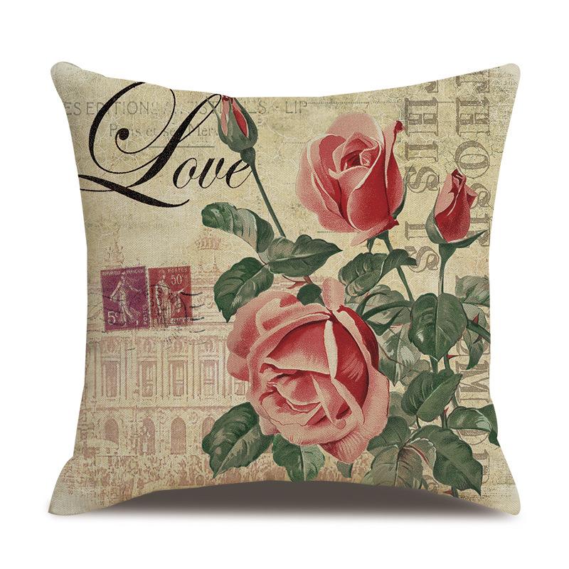 Linen Pillowcase American Rustic Rose Sofa Cushion Cover Retro Style Car Home Soft Decoration