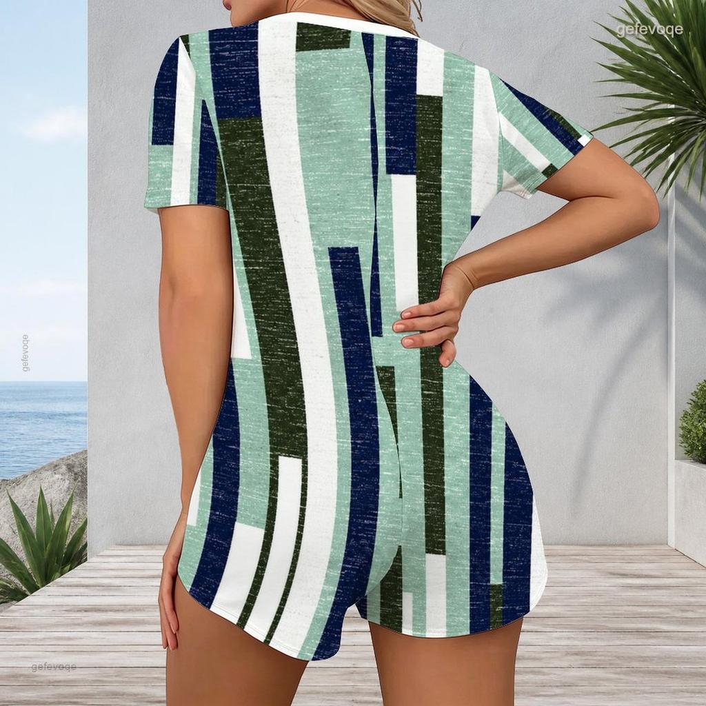 Women Plus Size Green Blue White Striped Printed V Neck Short Sleeve Button Front Romper