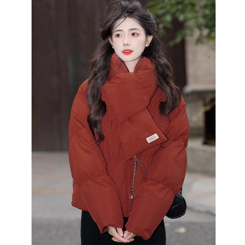 

Женский пуховик-снуд из красного утиного пуха - Модный корейский стиль для осени/зимы 2024 S [40kg—52kg]