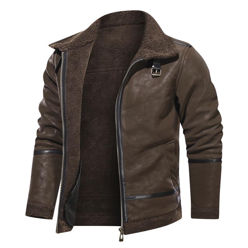 Ny enfärgad stor storlek läderjacka pälsintegrerad plus sammet fritidsjacka för män
