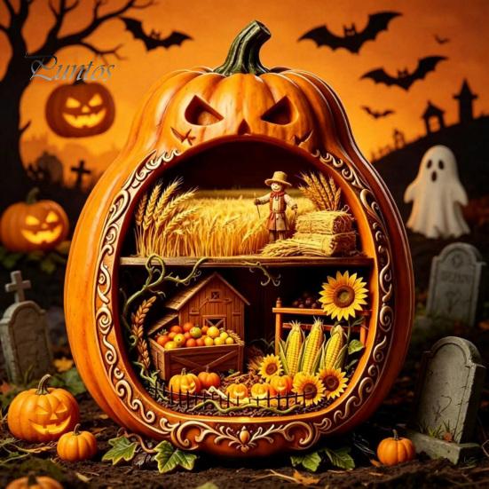 Indoor Halloween Ornaments Centerpiece Pumpkin, Wooden Pumpkin Ornament with Miniature Scenes, Rustic Unique Table Centerpieces Skeleton for Farmhouse