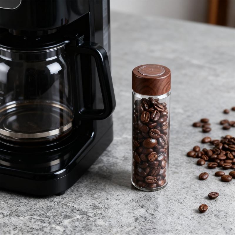 Premium Coffee Dispenser With Borosilicate Glass Container And Natural Wooden Display Stand Coffee Dispenser