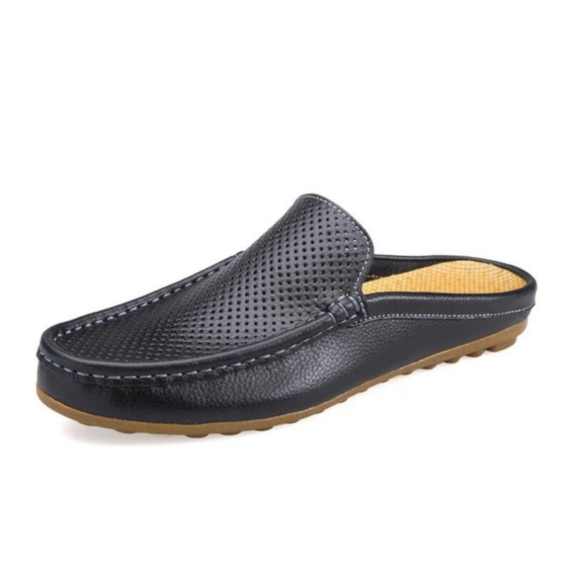 Summer Slip On Half Shoes For Men Leather Slippers Casual Mules Breathable Comfy Loafers Moccasins White Black Blue