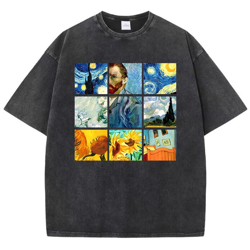 Cotton Woman Washed T-Shirts Van Gogh S Starry Night And Sunflowers Prints Tops Distressed Oversized Tees Casual Female Clothes S