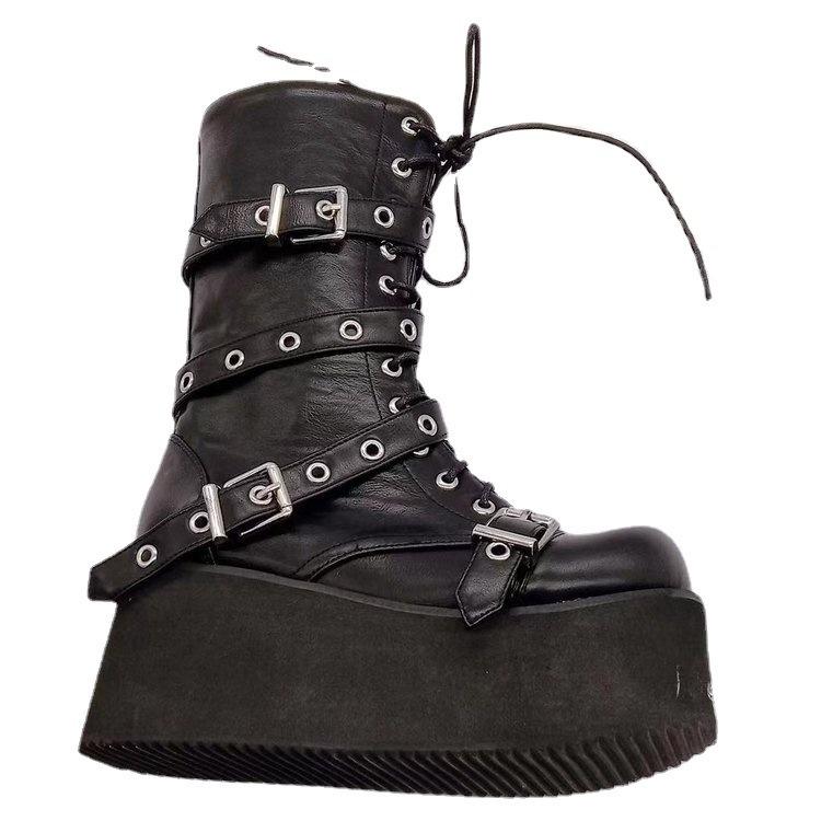 Large Size Women's Boots Punk Belt Buckle Platform Tall Boots Women's Martin Boots