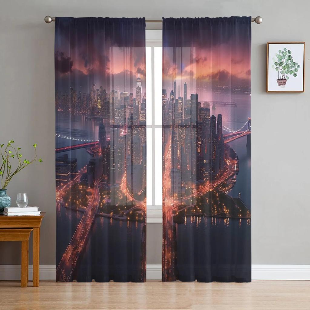 Street City Sky Gradient High Building Voile Sheer Curtains Living Room Window Tulle Curtain Kitchen Bedroom Drapes Home Decor