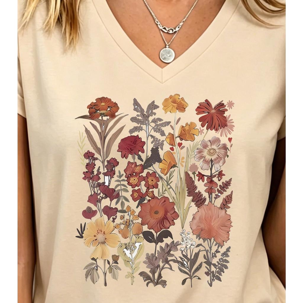 Flower V-Neck Y2k T-Shirt Female V Neck T Shirts Egirl Korean Fashion Graphic Tees Tops Women Clothing Natureinspired Design