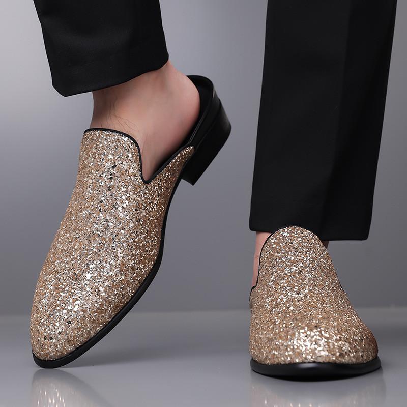 Mode Neue Luxus Designer Herren Gold Pailletten Lackleder Halbschuhe Für Männer Hip-Hop Mules Sandalen Lässige Loafer Hausschuhe