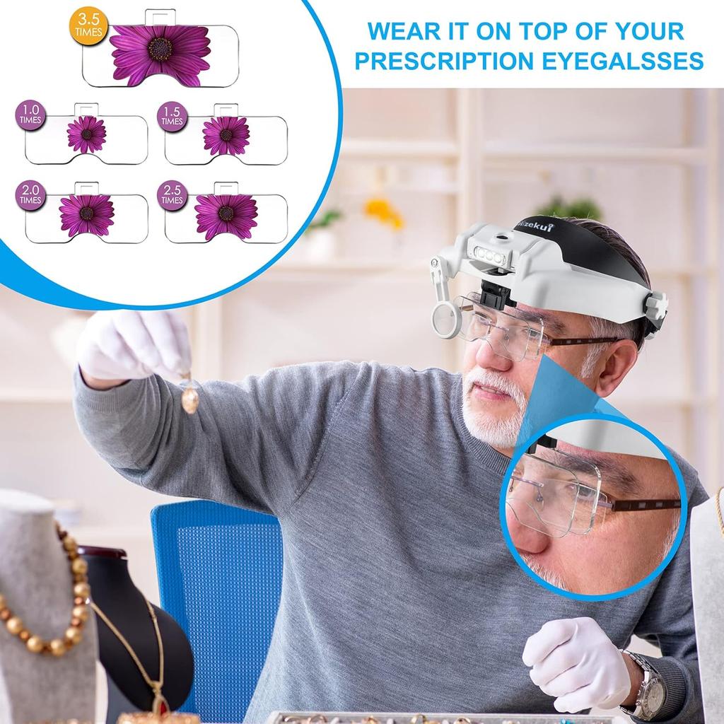 Headband Magnifying Glass with Light, Rechargeable Head Magnifying Glasses 1X to 14X, Magnifier Headset with 6 Detachable Lens, Hands Free Head Mount