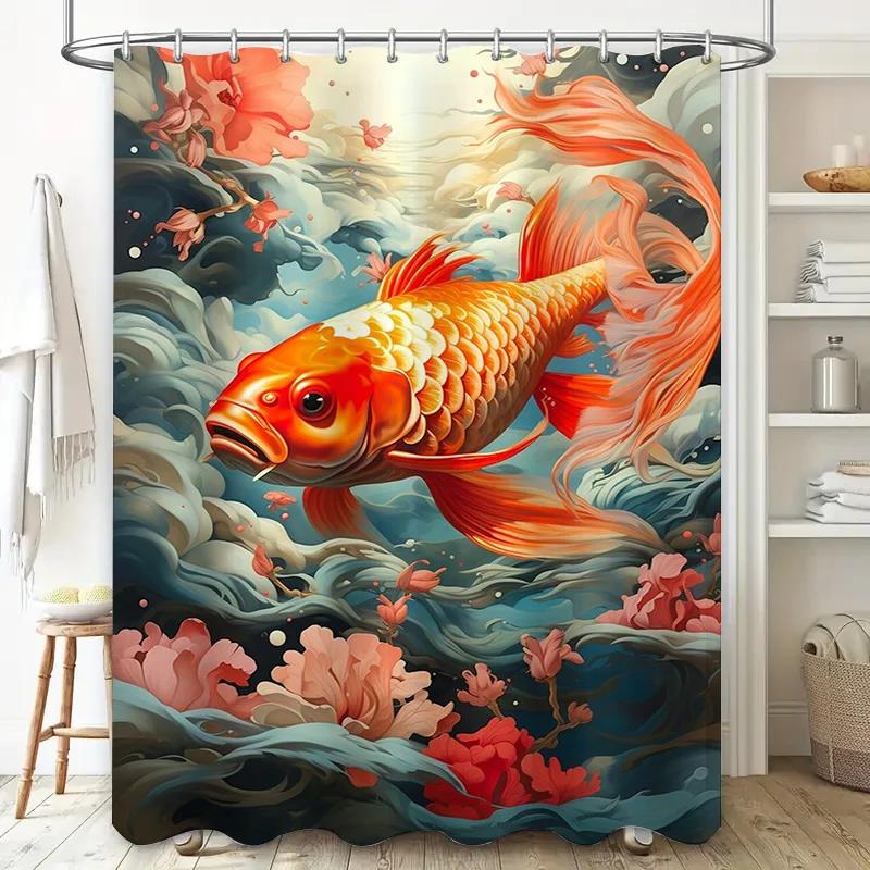 Colorful Goldfish Shower CurtainWaterproof Fabric Decor with Pink Flowers for Bathrooms Modern Home Decoration Accessories