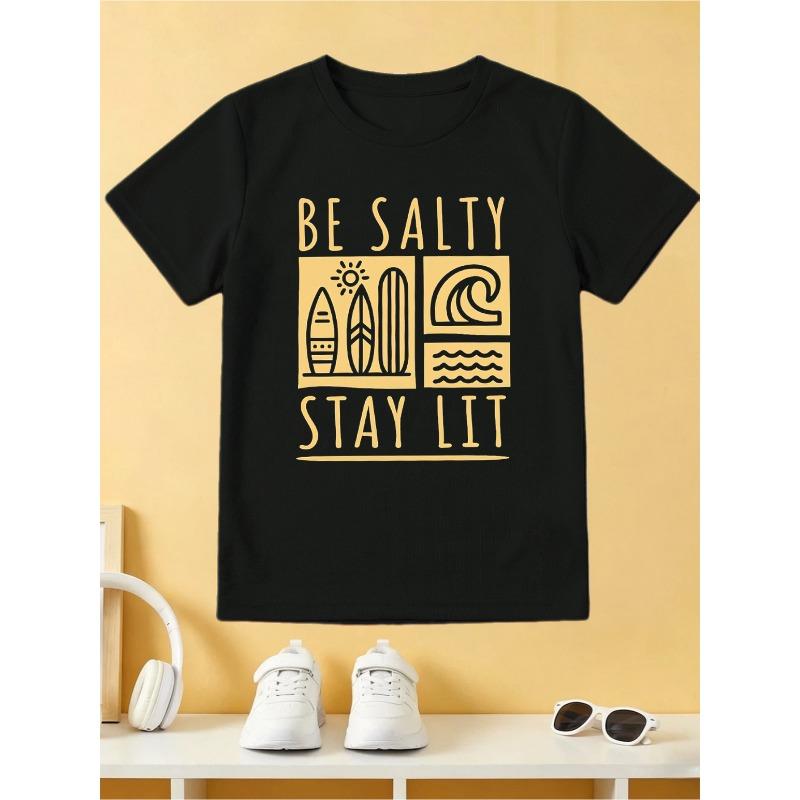 European sizes Boys Round Neck Short Sleeve T-Shirt, Surfing Slogan Be Salty Stay Lit Print, Beach Vacation Style, Breathable Casual 110 чёрный