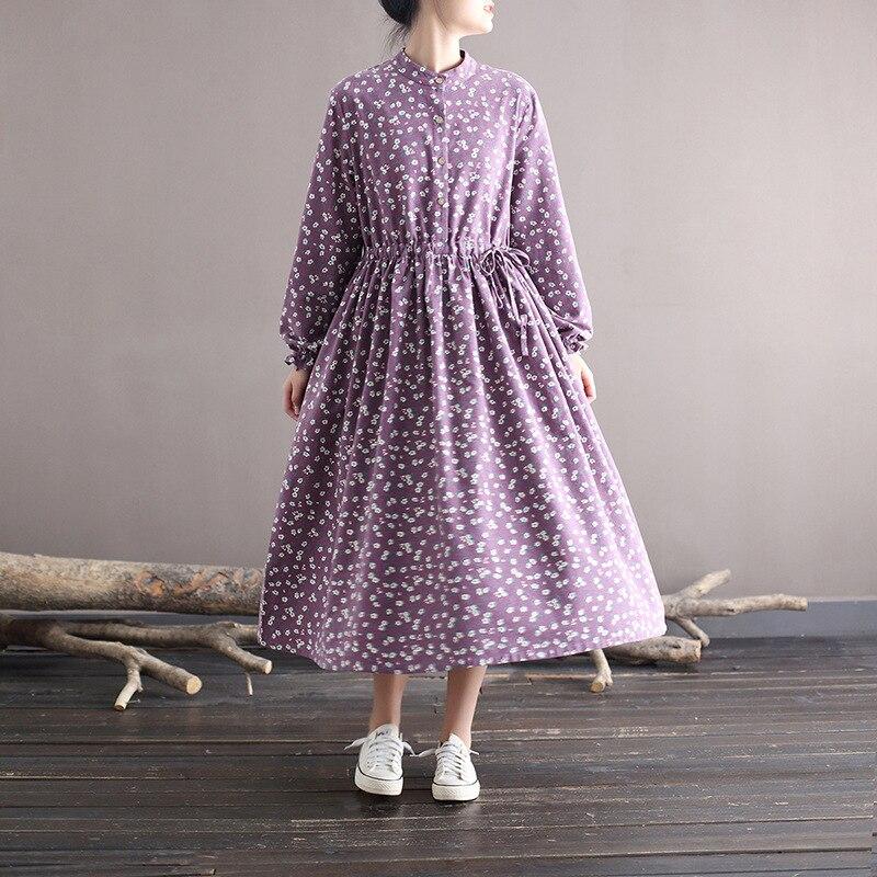 Johnature Dámské Vintage Volné Šaty Stojánek Květinový Dlouhý Rukáv Pásek Šaty na knoflíky Jarní Obtížný Ležérní Oblečení