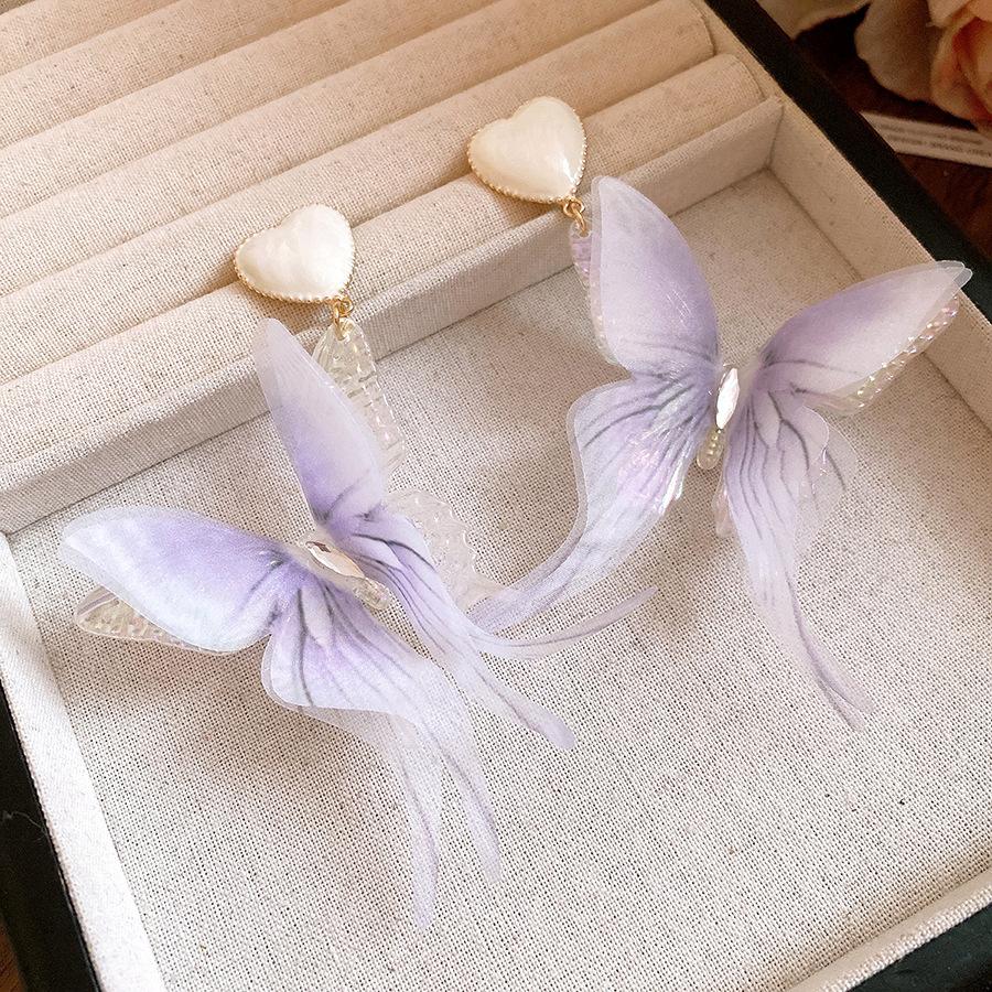 Silver needle dripping oil love fabric butterfly pendant earrings simple fashion exquisite earrings niche high-end earrings women