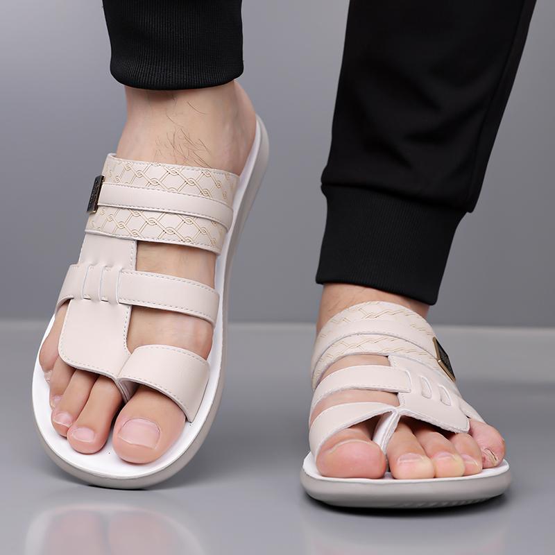 Men Black Leather Slippers Handmade Simple Flats Summer White Outdoor Roman Sandals Brown Open Toe Beach Shoes Plus Size