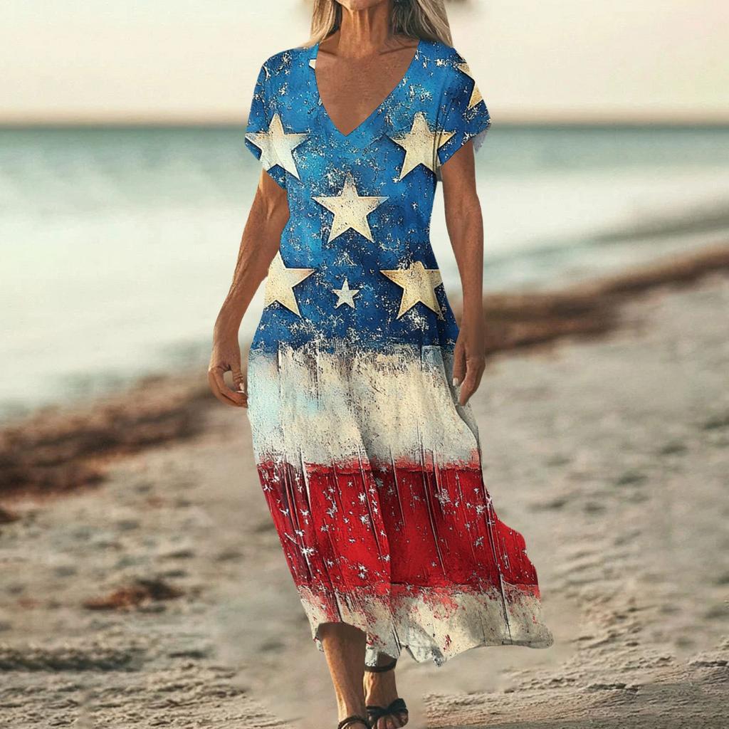 Sommerkleid Damen Lang Strandkleid Elegantes Kleid V-Ausschnitt Kurzarm Sommerkleid Leicht Luftig