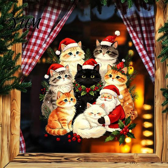 Winter Holiday Window Art Cat Christmas Static Cling Decal, Waterproof PVC Festive Sticker, Party Decorations Easy Apply Decorative for Home