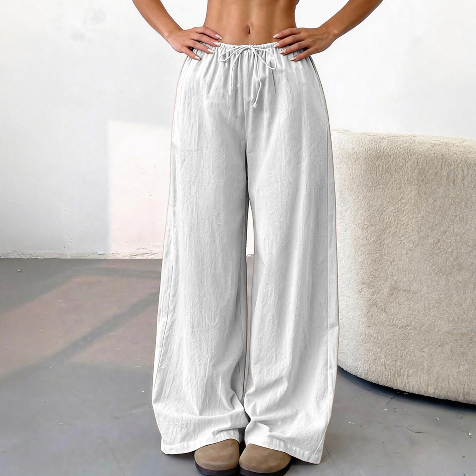 

Women s Trousers, Color, Fashionable, Loose, Casual, Everyday , Side Pockets, Drawstring, Elastic Waist, Wide-leg Trousers XXXL белый