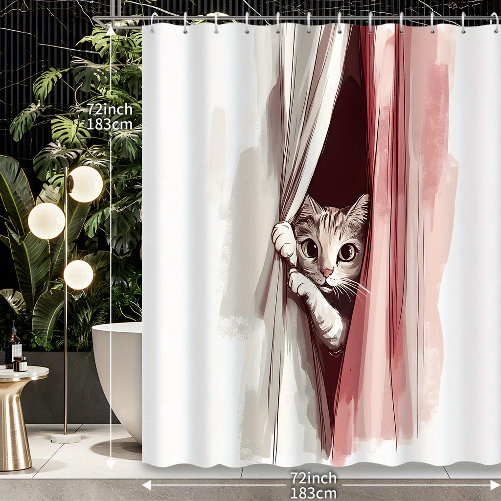 1pc Watercolor Cartoon Cute Cat Shower Curtain, Decorative Bathroom Partition Curtain with 12 Hooks, Bath Room Decoration
