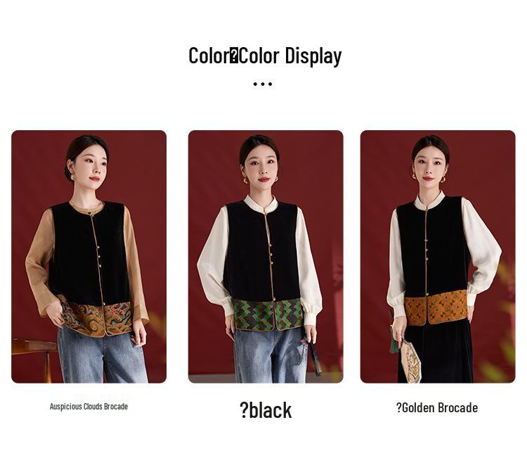 Xiangyunsha Women's Retro Silk Velvet Color Block Vest 1737