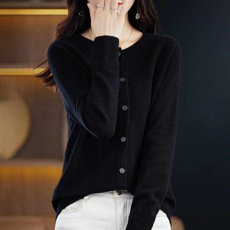 Long Sleeve Merino Woolen Sweaters Cashmere Cardigan Spring Autumn Women O-Neck Knitwear Tops Clothing Fashion Basic Tops