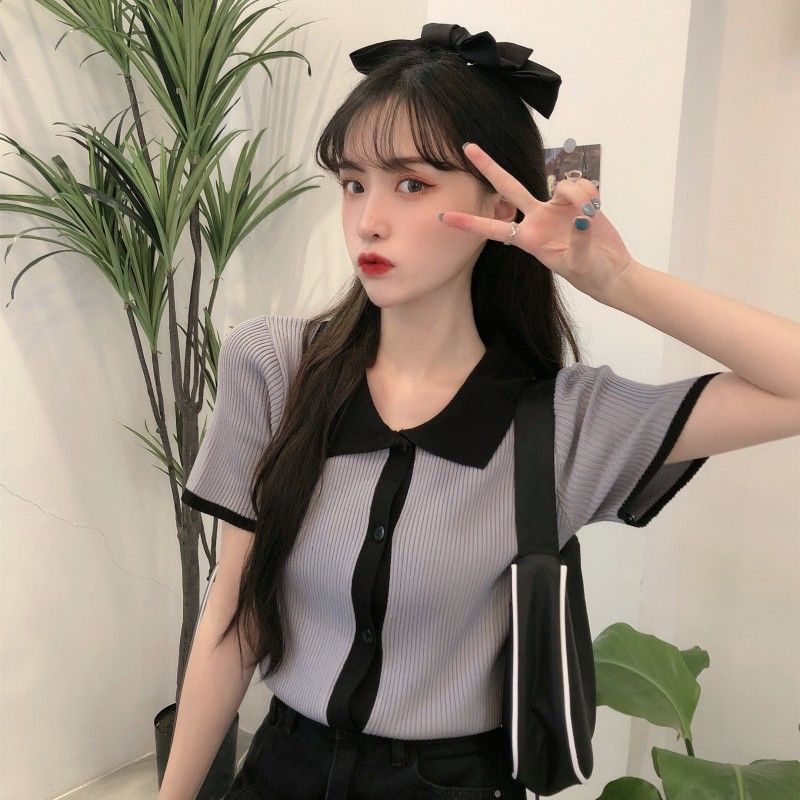 

Летняя корейская версия воротника ПОЛО облегающая контрастная трикотажная футболка с короткими рукавами женская универсальная короткая футболка S