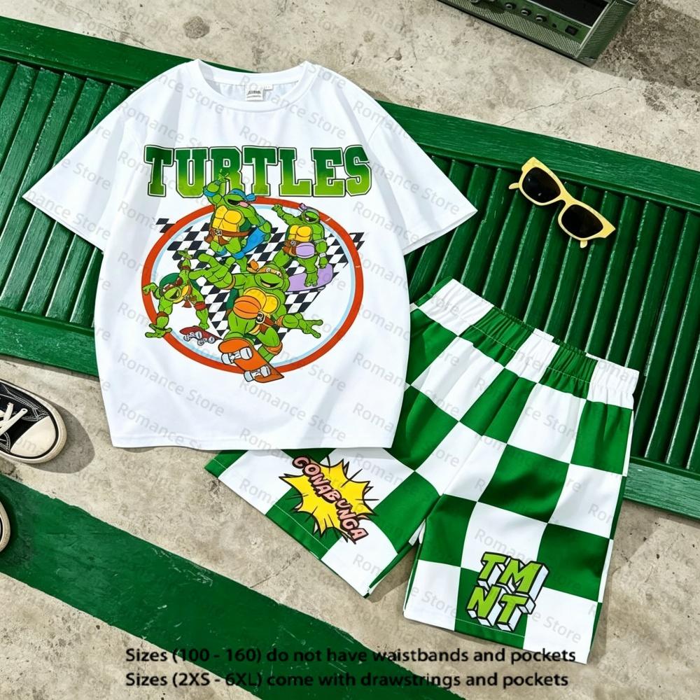 Kids Adult Mutant Ninja Turtles 2PCS Outfit Cartoon Print Crew Neck T Shirt Green White Grid Shorts Summer Casual Sleep Suit