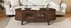 Coffee Table 100×40×38cm, MDF, Oval Living Room Table, 2 Slatted Doors & Roller Door, Solid Wood Legs, Up To 30kg Load Capacity, Walnut Wood Color