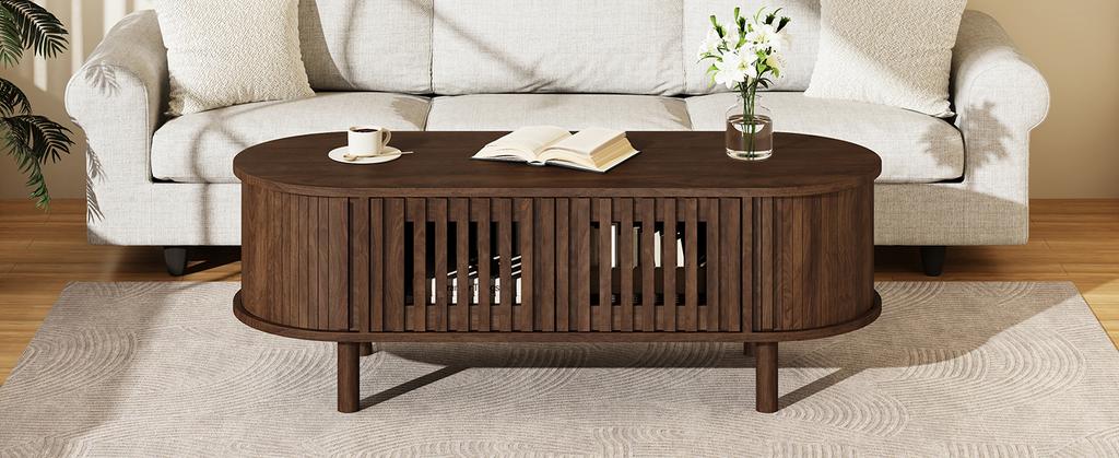 Coffee Table 100×40×38cm, MDF, Oval Living Room Table, 2 Slatted Doors & Roller Door, Solid Wood Legs, Up To 30kg Load Capacity, Walnut Wood Color