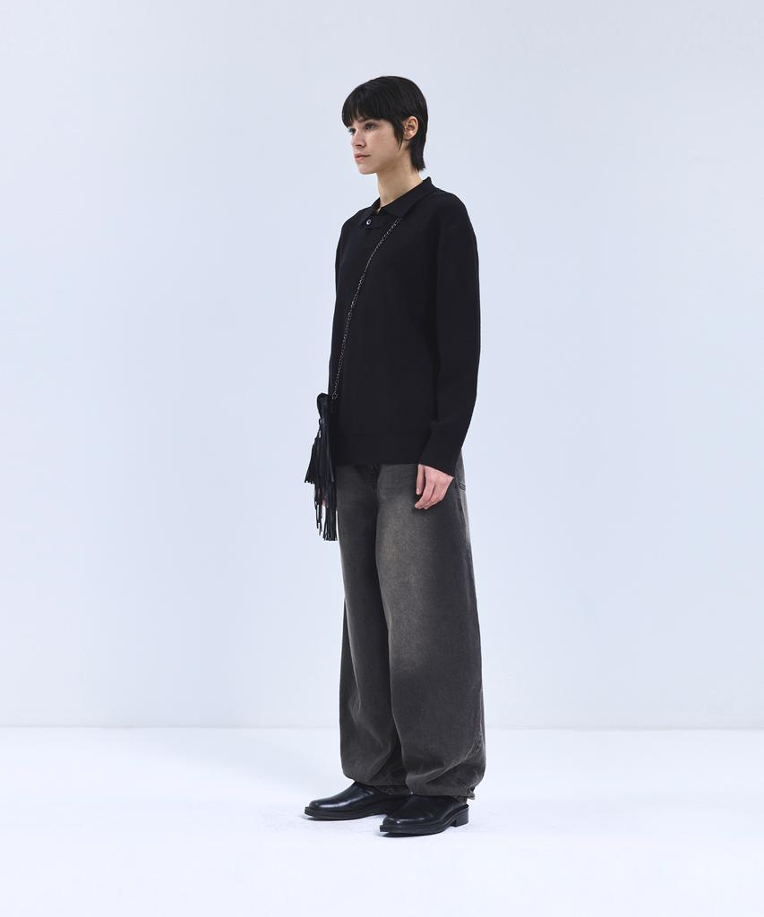 IRONYPORNO WHITELINE 86-Iroj367 Collared Placket Long Sleeve Knit Black