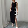 Women's Round Neck Sleeveless Solid Color Bow Decor Side Split Slim Fit Midi Dress Elegant Party Bodycon Dress