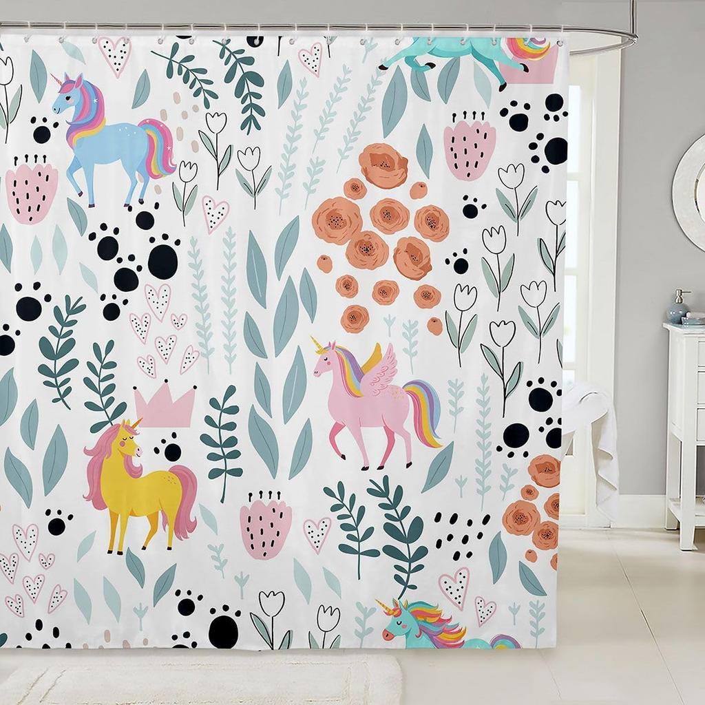 Sött Enhörning Duschdraperi Set Flickor Barn Pojkar Lila Enhörning Badrumsgardiner Kawaii Rumsinredning, Regnbåge Vattentätt Badrum