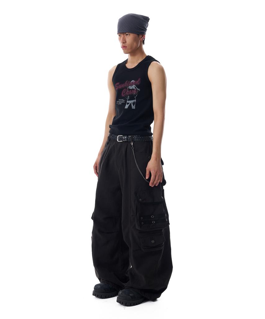 AAKAM 98 Knee Pin-Tuck Contrast Cargo Pants (Black)