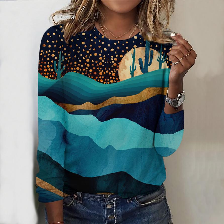

Топы на весну и осень с принтом горного дерева и круглым вырезом, футболка с длинным рукавом, осенний повседневный тонкий пуловер, женский топ с длинным рукавом L синий