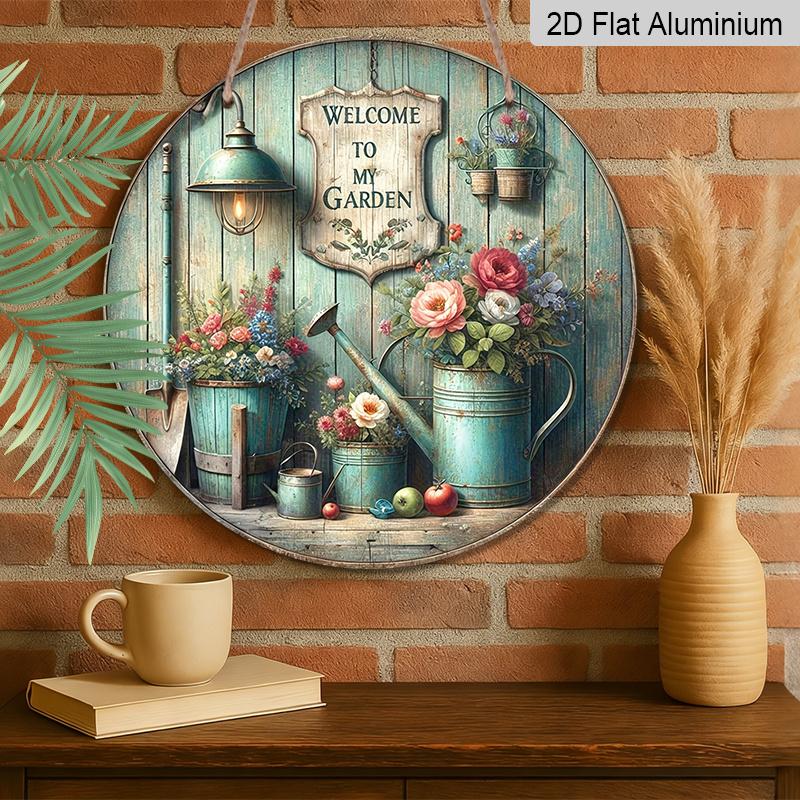 2D Flat - 1pc Round Vintage "Welcome to My Garden" Aluminum Sign - Rustic Floral Watering Can & Lantern Wall Plaque, Perfect for Rustic Style Wall Or