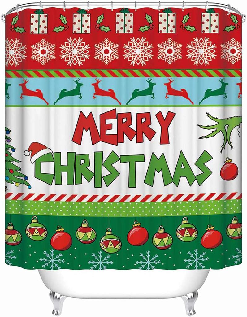 Christmas Shower Curtain Set - Holiday Bell/Christmas Tree/Snowflake Design, Waterproof Fabric, Winter Bathroom Decoration