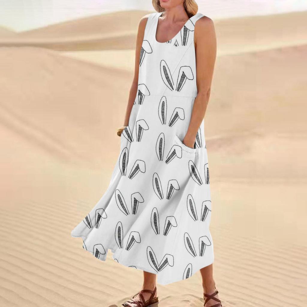 Women's Summer Casual Fashion Easter Printed Sleeveless Round Neck Pocket Dress