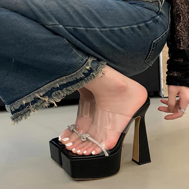 Eilyken Designer Platform Crystal Women Slippers PVC Transparent Square Toe Chunky High Heels Slide Shoes