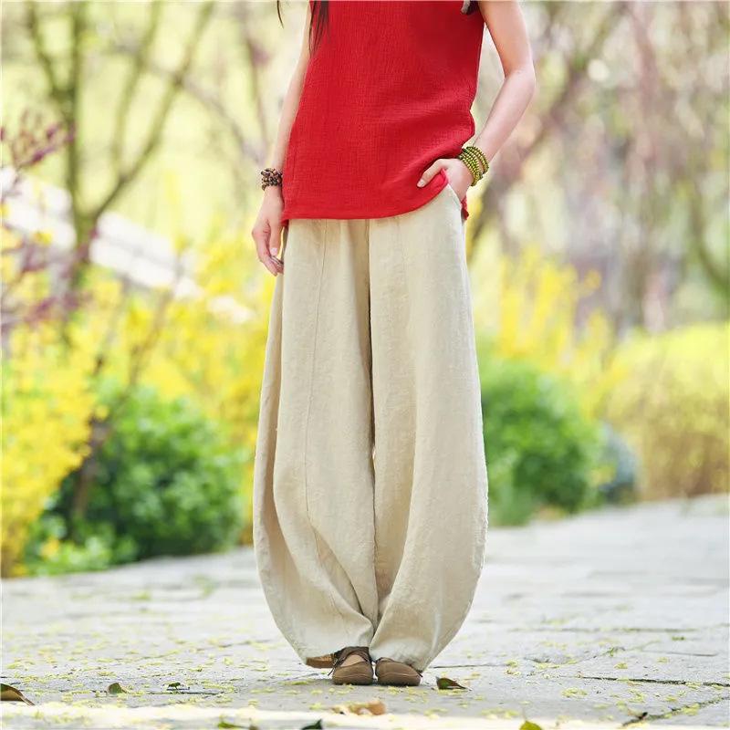 Summer Women Cotton Casual Pants Elastic High Waist Loose Wide Leg Trousers With Pockets