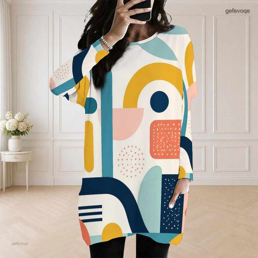 Women Plus Size Round Neck Long Sleeve Geometric Printed Loose Longline Tunic With Pockets