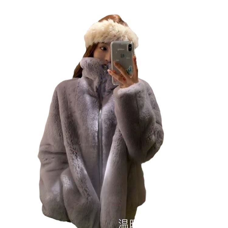 Imitation Rex Rabbit Fur Coat Women'S Winter Fragrant Stand-Up Collar Plush Loose Hooded Coat Tide