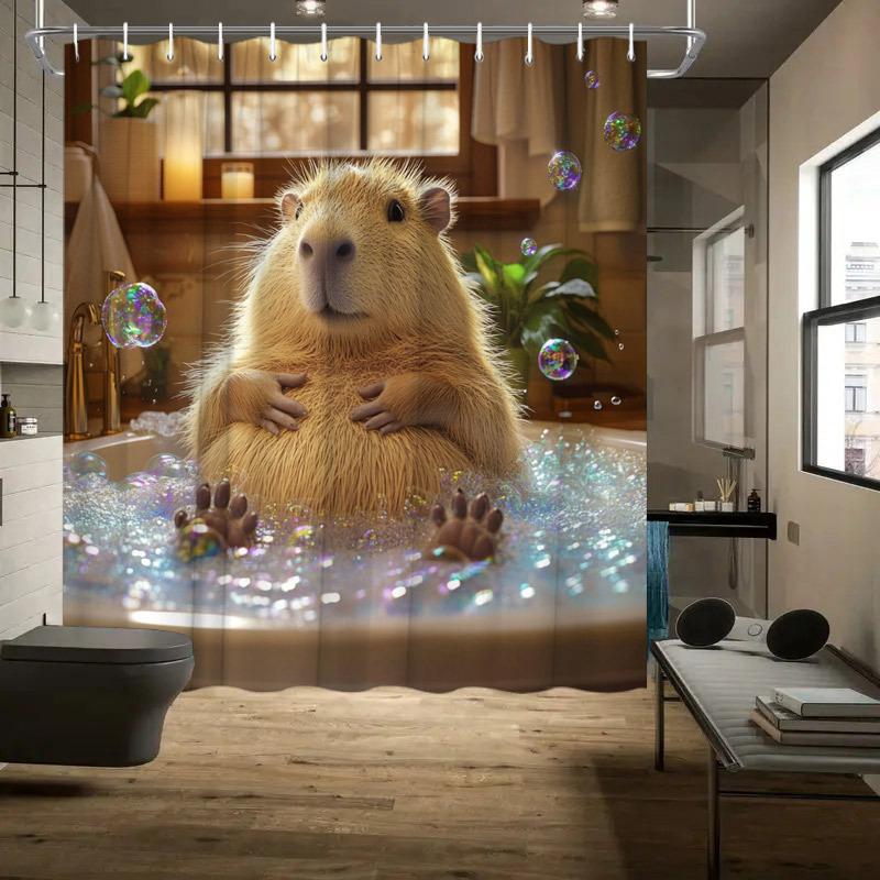 1 szt. Puszysta Kapibara Zasłona Prysznicowa - Hiperrealistyczne CGI, Bąbelki, Łagodny Wyraz, 70,8x70,8", Poliester, Zmywalna