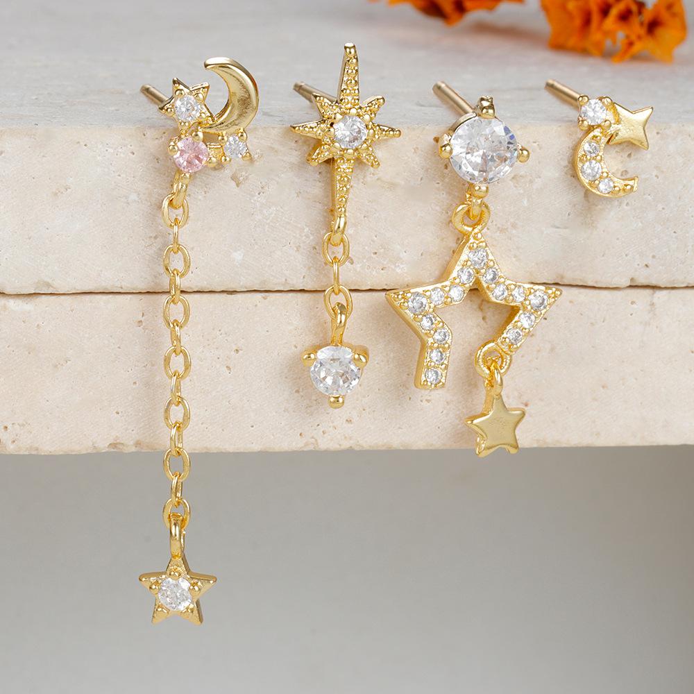 Cross-Border Earings Set Chain Star Moon Ear Rings Fashion Eight-Pointed Stars Earrings Women's Four-Piece