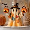 Retro Home Office Atmosphere Lighted Vintage Patchwork Ghost, LED Light Up Ghost with Pumpkin Lantern, Spooky Resin Figurines Cute Halloween Decor for