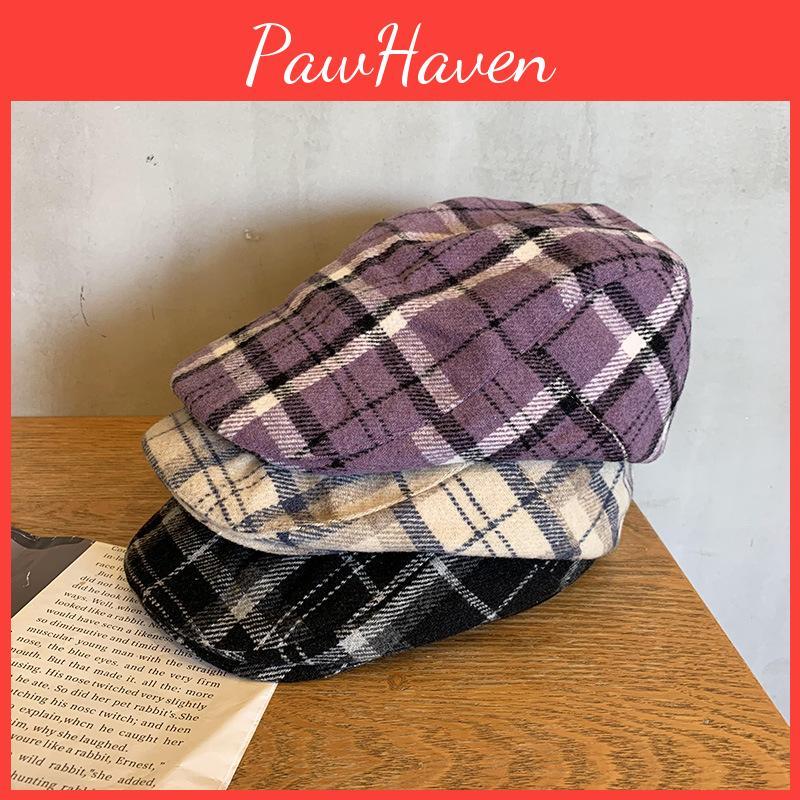 Womens Casual Checkered Pattern Beret Hat For Spring Autumn Wool Fabric Sun Shade