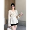 High-End Lace-up Satin Shirt: Autumn/Winter Waist-Cinching, Flowing Collar Design