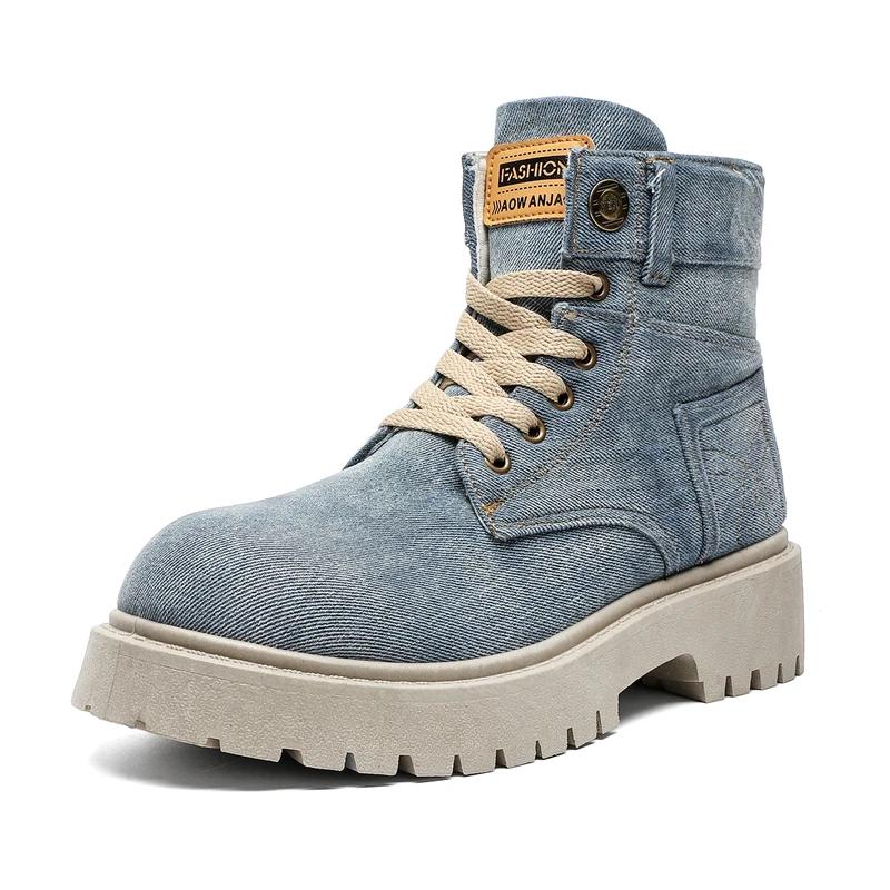 Breathable Men Boots Winter Denim Cloth Mens Ankle Boots Retro Work Boots Platform Men Casual Shoes Handmade High Top Shoes