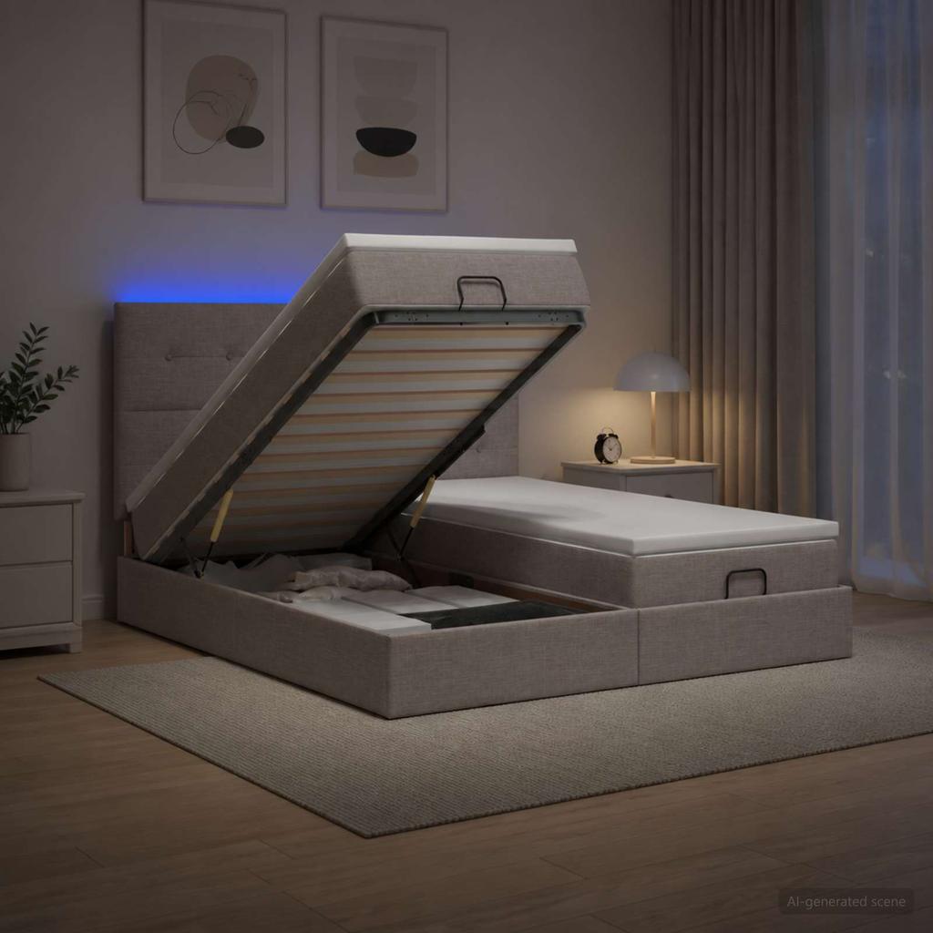 Ottoman Bed with Mattress and LED Taupe 160 X 200 Cm Fabric