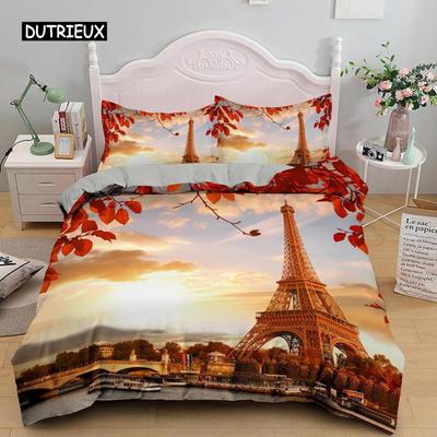 Eiffelturm Bettbezug-Set King Polyester Eiffelturm bei Sonnenuntergang Paris Thema Bettwäscheset Romantisches Frankreich Steppdeckenbezug für Erwachsene