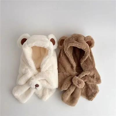 1 Piece Warm Furry Beanie Scarf for Toddler Cute Cartoon Bear Newborn Knitted Hat Sweet Autumn Winter Bear Warm Plush Hat