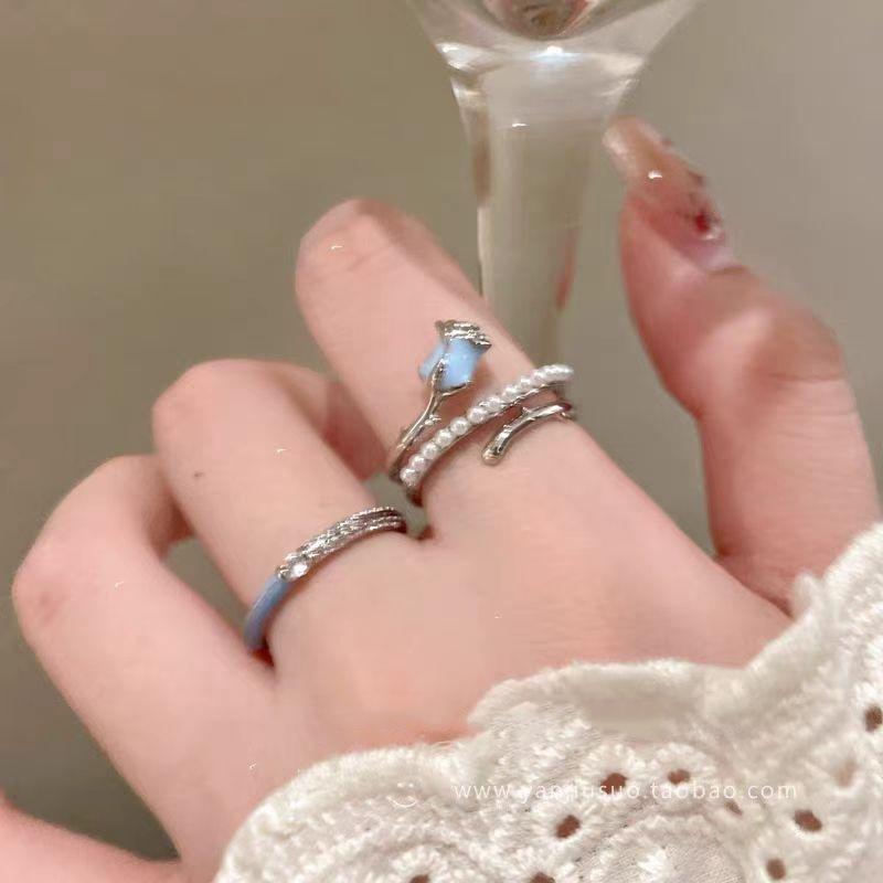 Blue Rose Drop Glaze Pearl Ring Women'S Earrings Set Index Finger Ring Light Luxury Premium Sense Open Ring